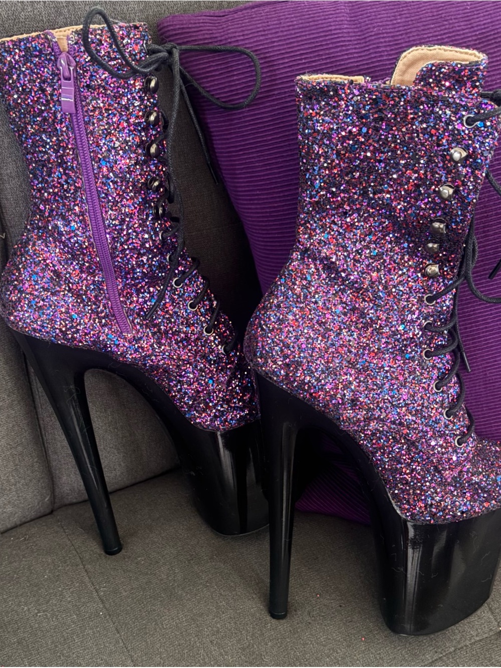 Glitter Purple Platform Lace-Up Ankle Boots New